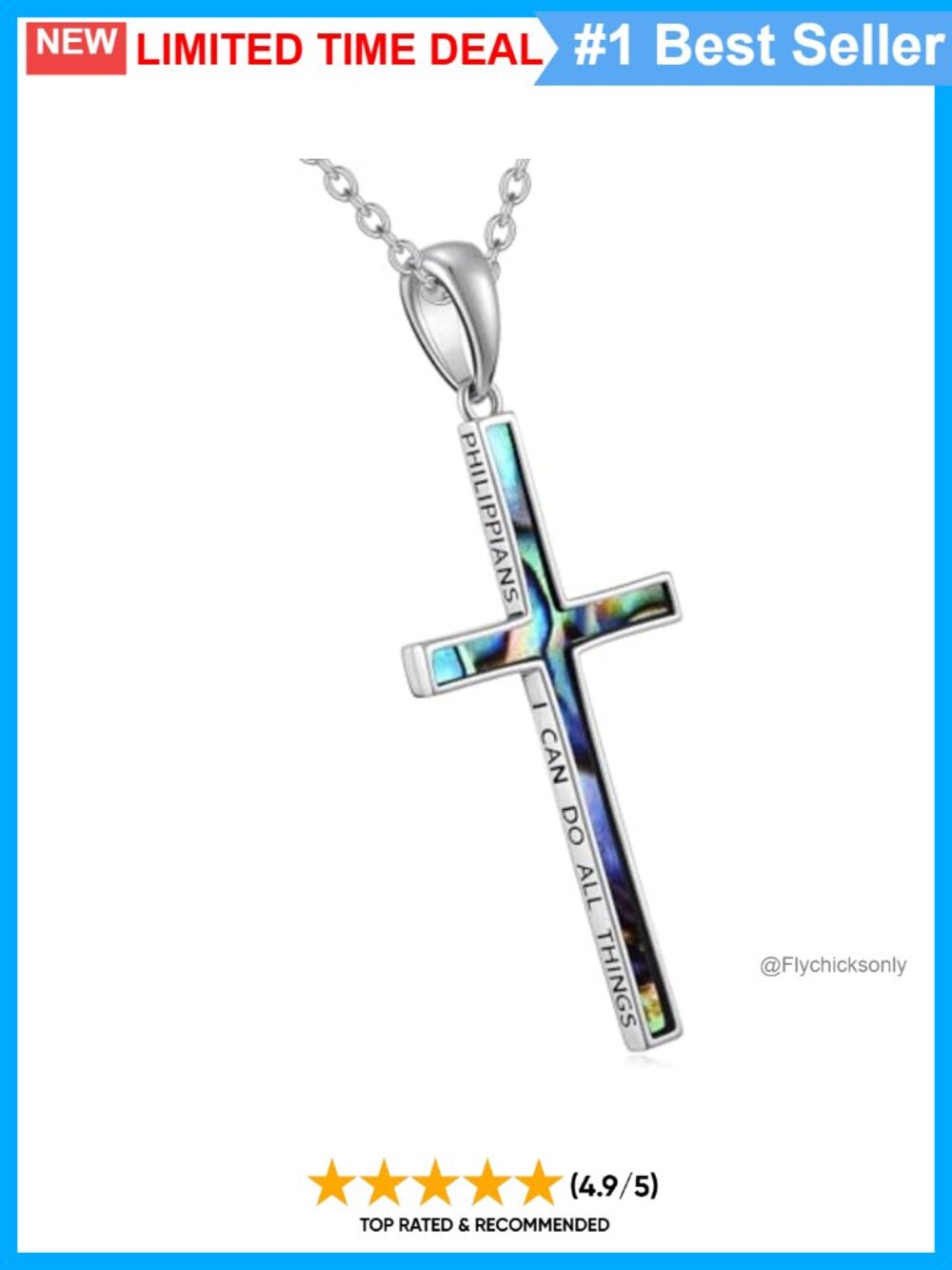 925 Sterling Silver Cross Necklace Philippians 4:13 Abalone Pendant